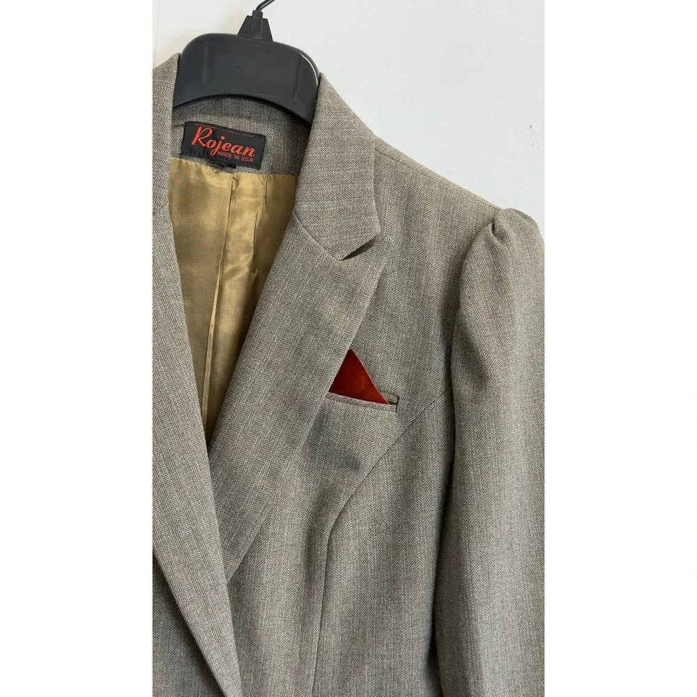 Vintage Rojean Brown Herringbone Skirt Suit Size S Crop Blazer A-Line Skirt USA